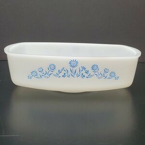 Vintage Federal Oven Proof White Milk Glass Blue Lady Michelle Floral Loaf Dish